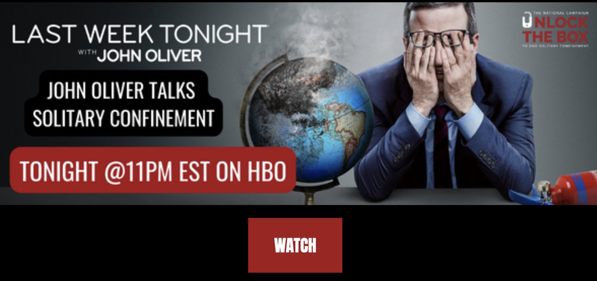 Thank you @JLawJustice @UnlockTheBoxNow for letting us know that #JohnOliver will be talking about  the torture of #SolitaryConfinement in the US. Thank you @LastWeekTonight @HBO 
#StopTorture #EndSolitary #HaltSolitary #AbolishSolitary #California #MandelaAct #AB280
@CAgovernor