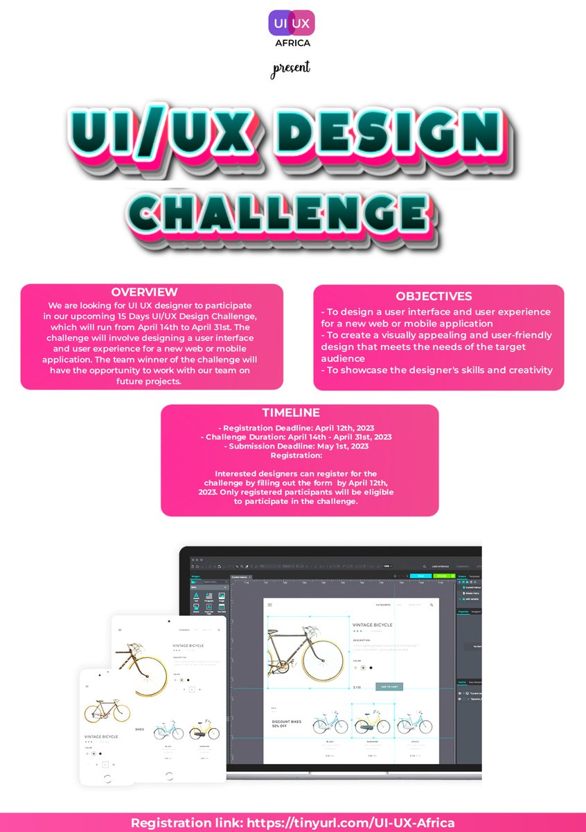 UIUX_Africa's tweet photo. Join the UI UX Africa Community's 15 Days UI/UX Design Challenge! ππ»π¨
Design a user-friendly app for tech-savvy individuals and get a chance to work with us on future projects. Register by April 12th. #UIUXDesignChallenge #UIUXAfricaCommunity #DesignersWanted #Creativity https://t.co/C69Tee6QoG