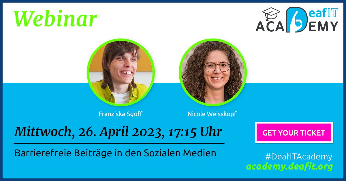 Wie  funktioniert barrierearmes Posten bei Facebook oder LinkedIn? Eine  Antwort darauf geben Euch Franziska &amp; Nicole in ihrem  Vortrag "Barrierefreie Beiträge in den Sozialen Medien". Tickets: ticket.deafit.org/event/5-deafit… #DeafITAcademy #DeafIT #Inklusion #Barrierefreiheit #Vielfalt