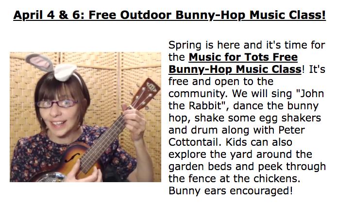 Free Music for Tots Bunny-Hop Music Class Tuesday & Thursday April 4 & 6 at 9:30 & 10:30 AM, in south Seattle! Reserve a spot here: misscharlottemusic.com

#MusicForTots #BunnyHop #MusicClass #SouthSeattle