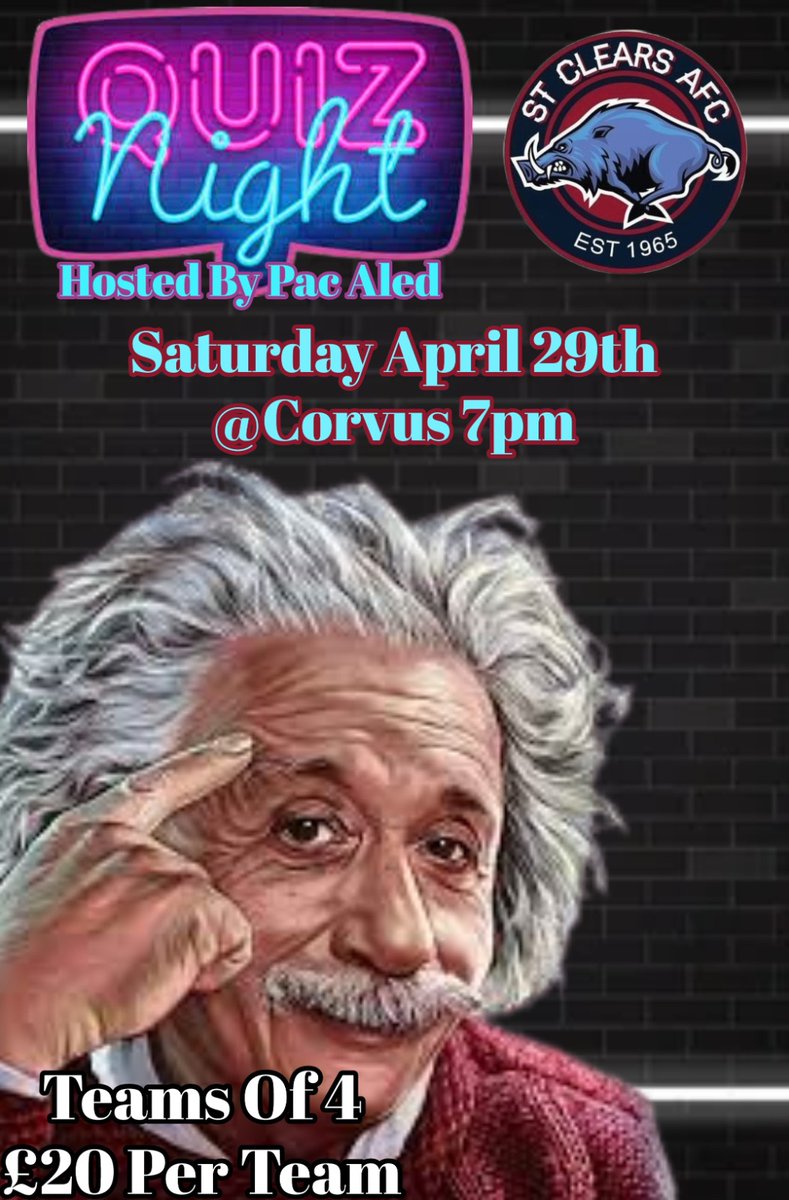 STCLEARSAFC's tweet photo. Date for the Dairy.... 

Quiz night hosted by the legendary Mr 'Pac' Aled Jones at the club house the Corvus Inn on Saturday 29th April. Prizes for winning team!!
Hope you can support our fundraiser!!

🐗 https://t.co/FTYG7QqDnr