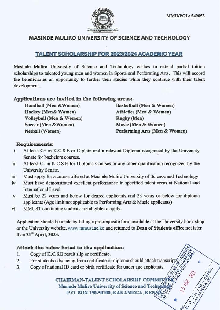 How about sharpening your academic skills while doing what you love most...well, in this case, playing rugby😊 usijali... @MMUST_Kenya has got you covered. The Talent Scholarship for 2023/24 Academic Year is here.
See attached memo for terms and requirements.
#UniversityofChoice