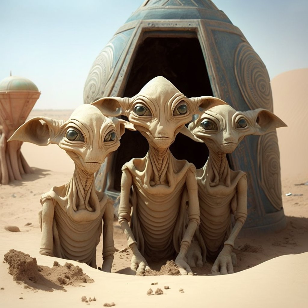 OurAlienAdvent's tweet image. Alien Sand Goblins, both feared and worshiped in desert regions across the galaxy.  Walk lightly, they can hear your steps from a mile away.  

#Aliens #AlienConcept #ConceptArt #MidJourney