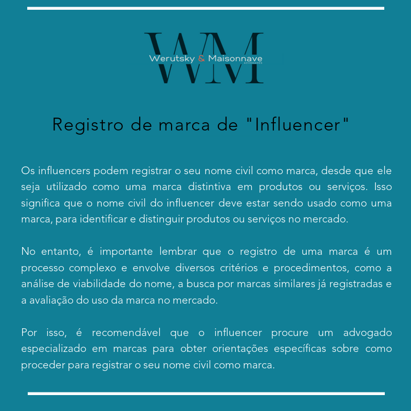 WeMAdv's tweet photo. O que muitos influencers não sabem é que os seus nomes podem ser registrados como marca e vir a se tornar um ativo muito valioso! Quer saber mais? Entre em contato!
https://t.co/o4lsDr1wDK
#influencer #marca https://t.co/Z6kxT0aLZM
