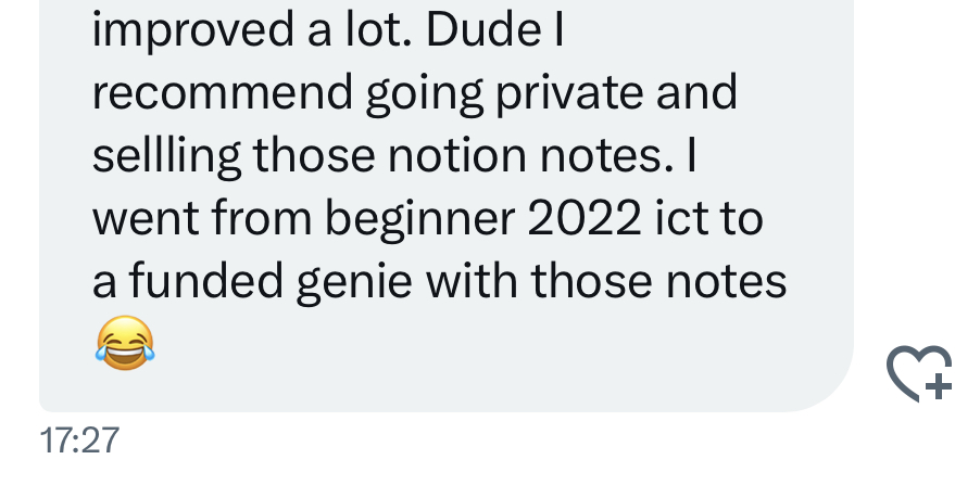 arjoio's tweet photo. Hope this motivates someone
From beginner to funded with the help of my notes, absolutely insane

Made my day @benburaconak  🫶

The notes👇

2022 Mentorship notes
https://t.co/XQj9p3nZU6

2016/2017 Core Content Notes
https://t.co/MuUXCfAywp https://t.co/4GA3MJPpBD