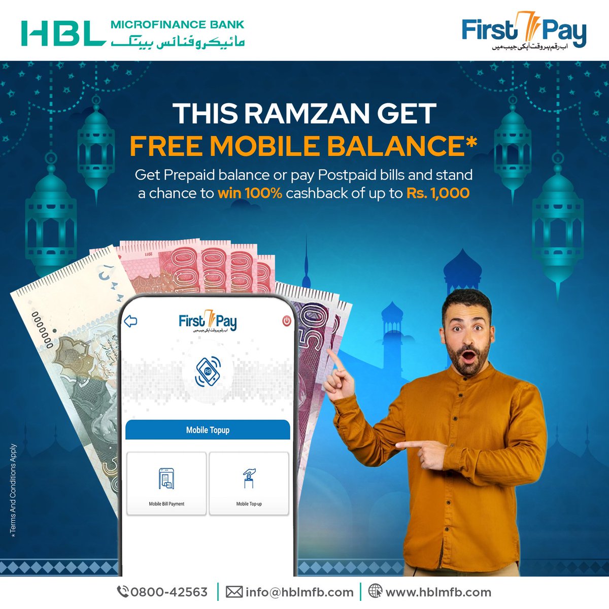 HBLMfBDigital's tweet photo. Stay connected without any worries with FirstPay!
Get a chance to win 100% cashback on mobile balance top-up up to Rs. 1,000 via the FirstPay app.

Download the app!

T&amp;Cs Apply:
https://t.co/ShxXKZ6gbE

#FirstPay #FreeMobileBalance #TalkMorePayLess #Cashback #FreeTalkTime https://t.co/5klSbQuO9E