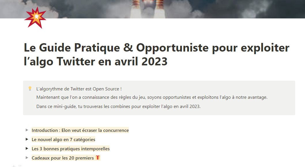 L'algo de Twitter est Open Source depuis quelques heures. J'ai créé un guide pour les opportunistes. Dedans, tu trouveras toutes les combines pour faire exploser un compte Twitter en avril 2023 Like, RT + commente 'algo' (tu dois me follow) Dispo 48h, après je le vends 37€.