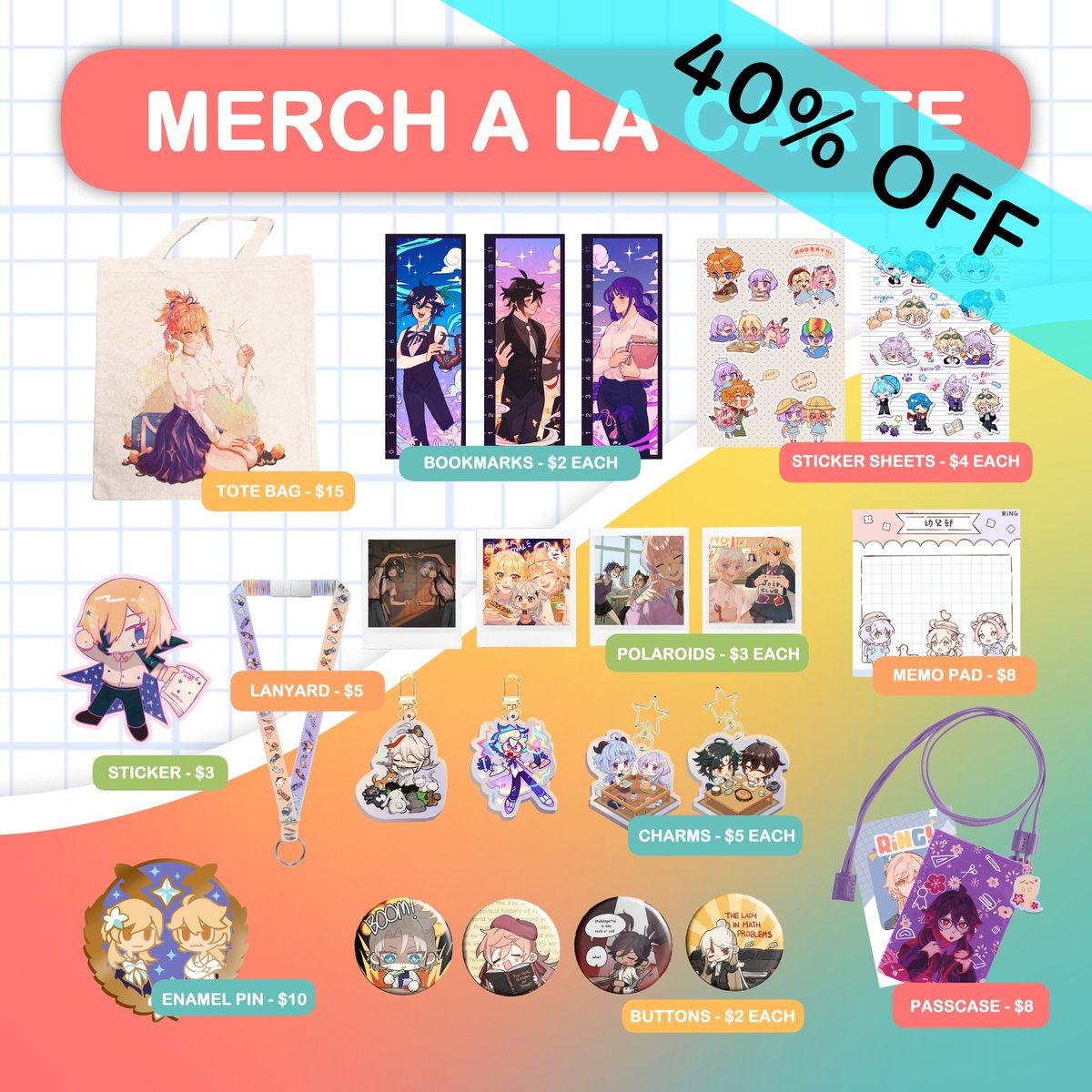 ✏️40% OFF LEFTOVER SALES✏️

We are extending leftover sales to the 15th of April! Also we are having a 40% sale all our leftover items ⸜(｡˃ ᵕ ˂ )⸝  

Make sure to use the code "LASTCALL"
Shop 📷 genshinschool.bigcartel.com
