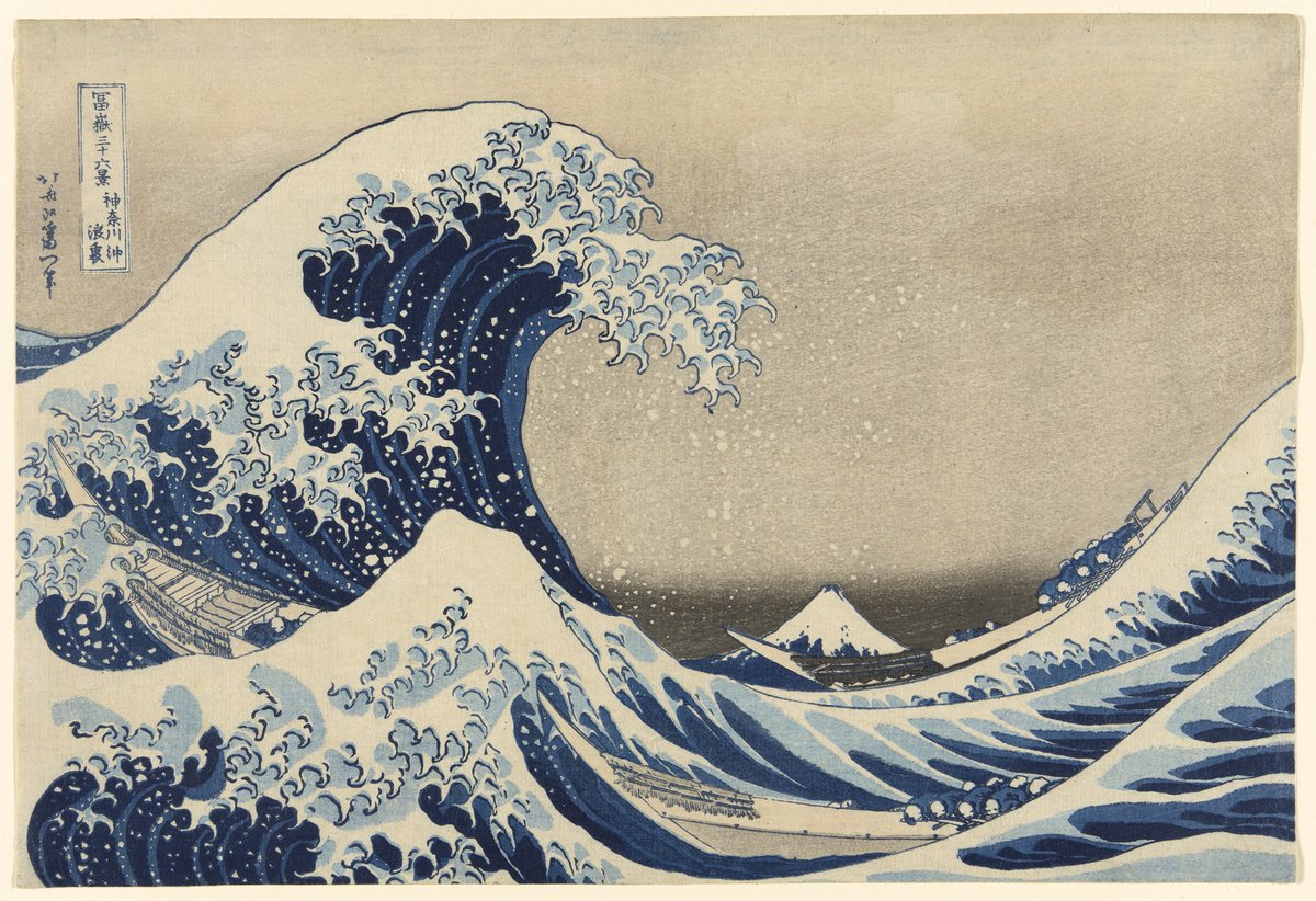 Katsushika Hokusai, Under the Wave off Kanagawa (Kanagawa oki nami ura), also known as The Great Wave, from the series "Thirty-Six Views of Mount Fuji (Fugaku sanjurokkei)", 1826 #museumarchive #artinstituteofchicago artic.edu/artworks/24645/