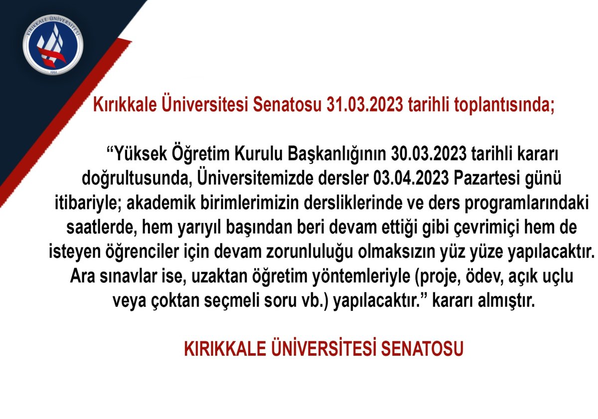 Kırıkkale Üniversitesi Senatosu 31.03.2023 Tarihli Toplantı Kararı