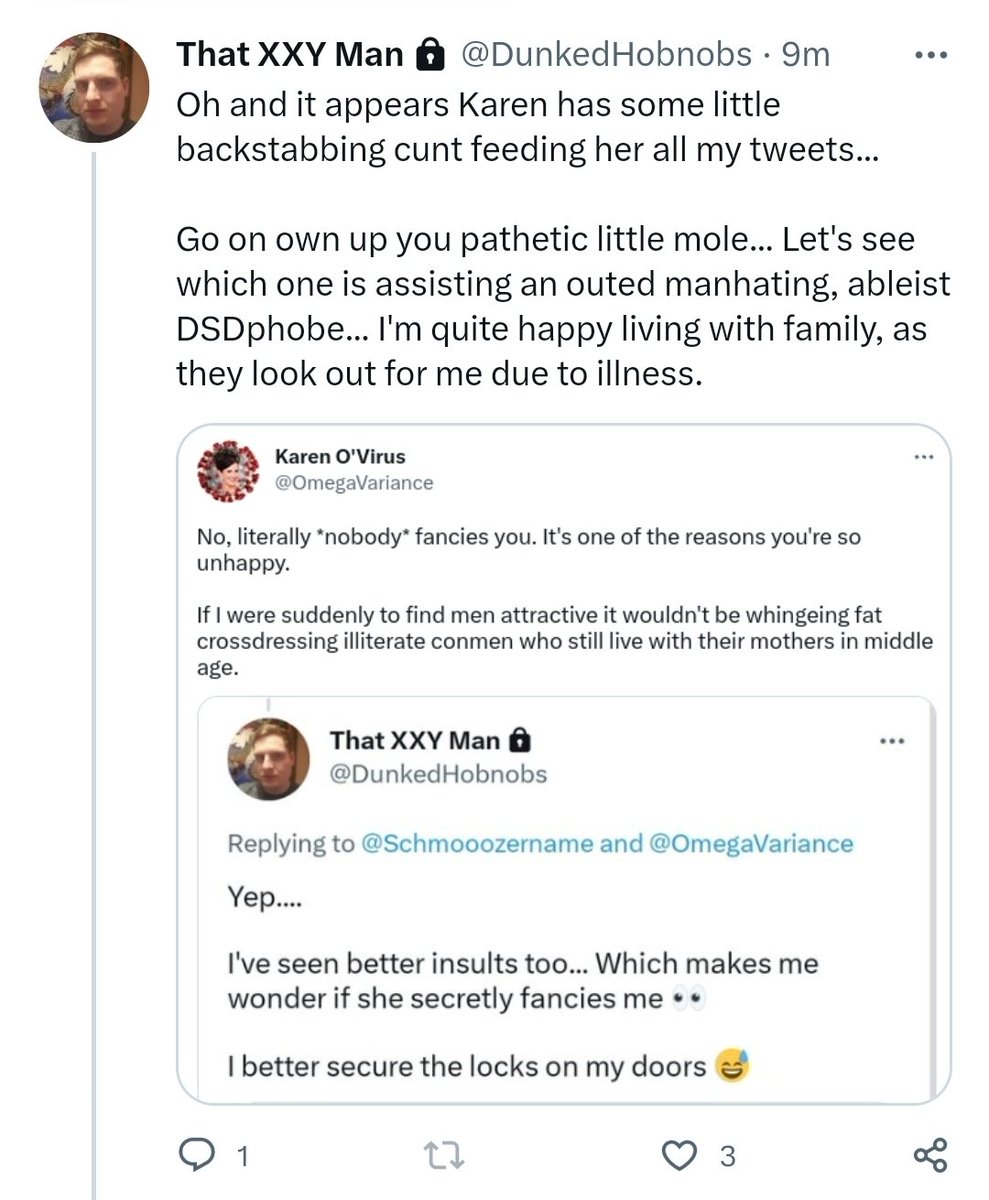 OmegaVariance's tweet photo. You've tweeted screenshots of a private DM group repeatedly for over a year. 

And you've tweeted screenshots of my tweets dozens of times just this weekend, despite my having blocked you. 

Do you think that's hypocritical? 

You are very fond of the c word aren't you? https://t.co/1Hc16xl1Z3