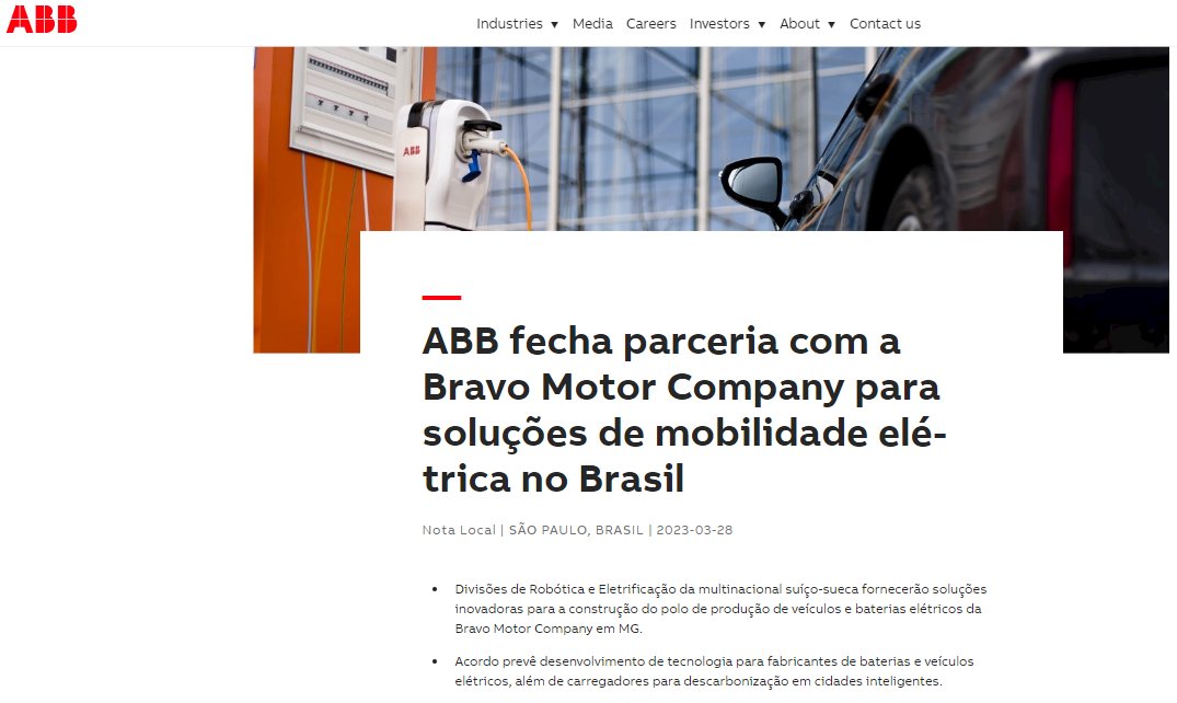Congrats to our partner for this great step! #BravoMotorCompany partners with #ABB for electric mobility solutions in Brazil🤝 🇧🇷
Official press release: new.abb.com/news/pt-br/det…
cc: <a href="/ABBgroupnews/">ABB</a> 
#ElectricMobility #Gigafactory #ColossusCluster #lithiumbatteries #electricvehicles