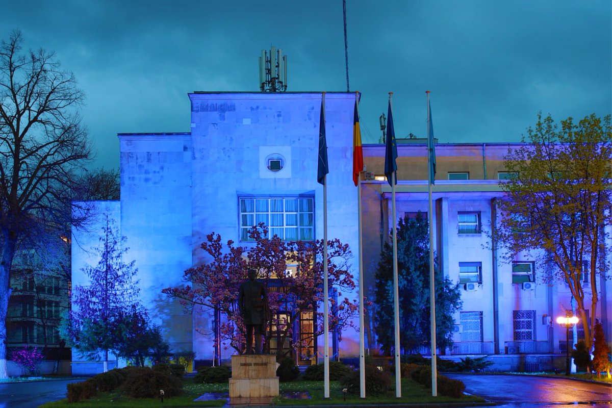 BogdanAurescu's tweet photo. Proudly marking @NATO Day in Romania 🇷🇴 on April 2, we are illuminating @MAERomania’s HQ in NATO blue! We also look forward to celebrating the Alliance’s 74th anniversary on April 4. Despite all challenges, our strength defines our unity &amp;security #WeAreNATO #NATODay https://t.co/7x8wG3lxSZ
