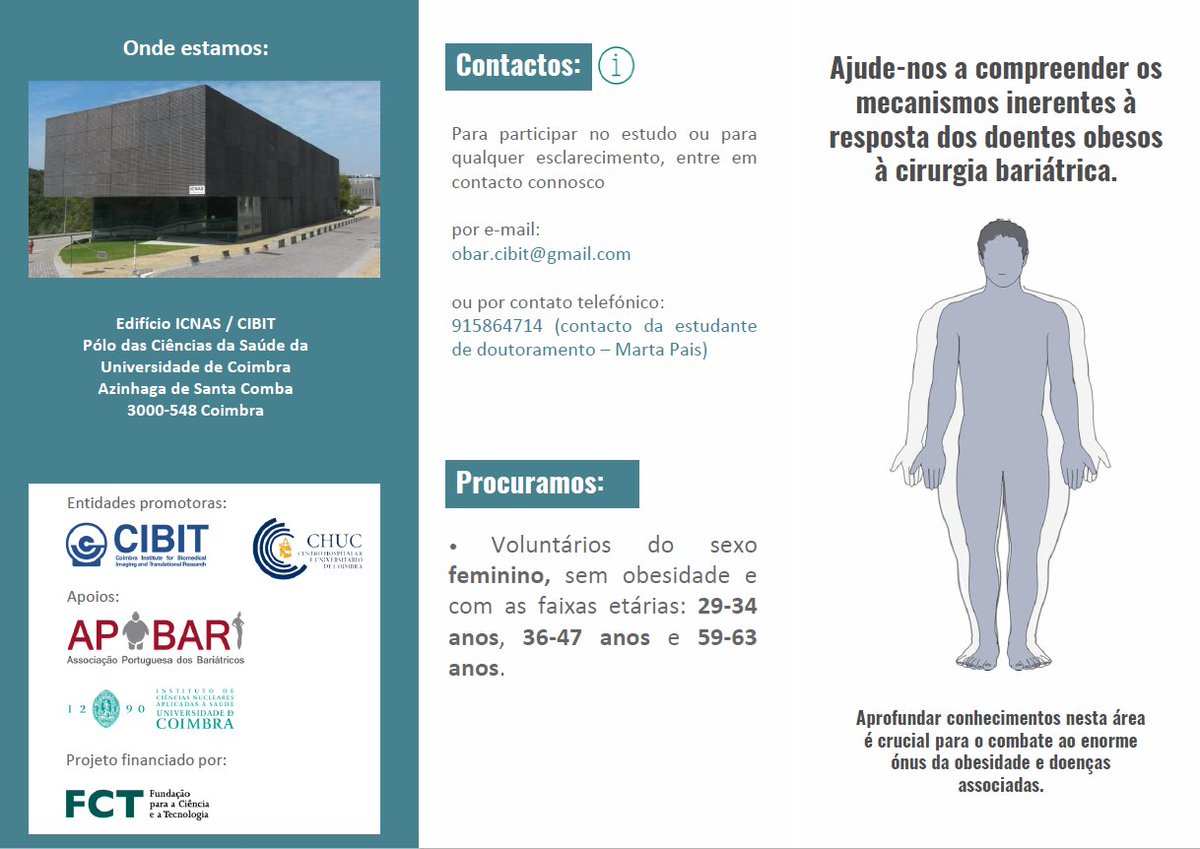 PaisLapo's tweet photo. [Procura voluntários]
Estamos a precisar de participantes do sexo feminino, sem obesidade e com as faixas etárias: 29-34, 36-47 e 59-63 anos para um estudo de imagem média. Interessados contactar: obar.cibit@gmail.com

Informações mais detalhadas no nosso flyer (ver imagens)! https://t.co/dxAxJFKAbN