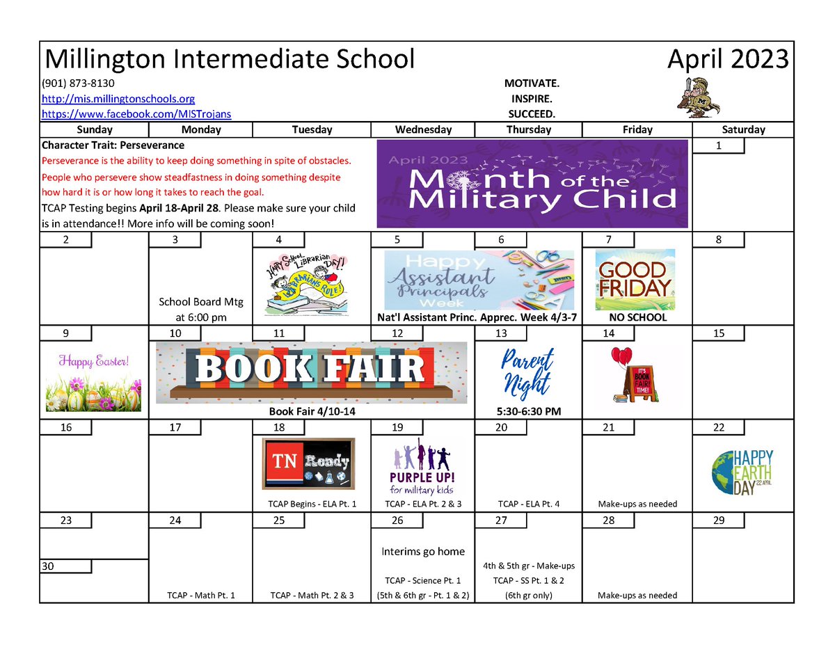 💜🤍Callout for 4/3-7🤍💜
#MIS #MotivateInspireSucceed #OneMillington #MIC3Compact #PurpleUp4MilitaryKids #AssistantPrincipalsRock #SchoolLibrarianAppreciationDay #TCAPisNear #GoodFriday