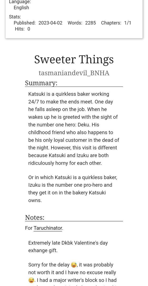 For <a href="/taruchinator/">alice ᯓ★</a> 

This is my extremely late Dkbk  Valantine's day exchange gift ( <a href="/dkbkexchange/">DKBK Valentine Exchange - 💕COMPLETED💕</a> ). Hope you like it. 

CW: 🔞 explicit, Deku, bottom Baku quirkless Baku, baker Baku, pro-hero Deku, kinda coffee shop AU, aged up characters. Link to fic on the next page.