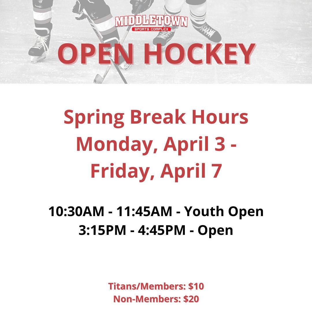 Have spring break this upcoming week? We have public skating and open hockey hours for you!