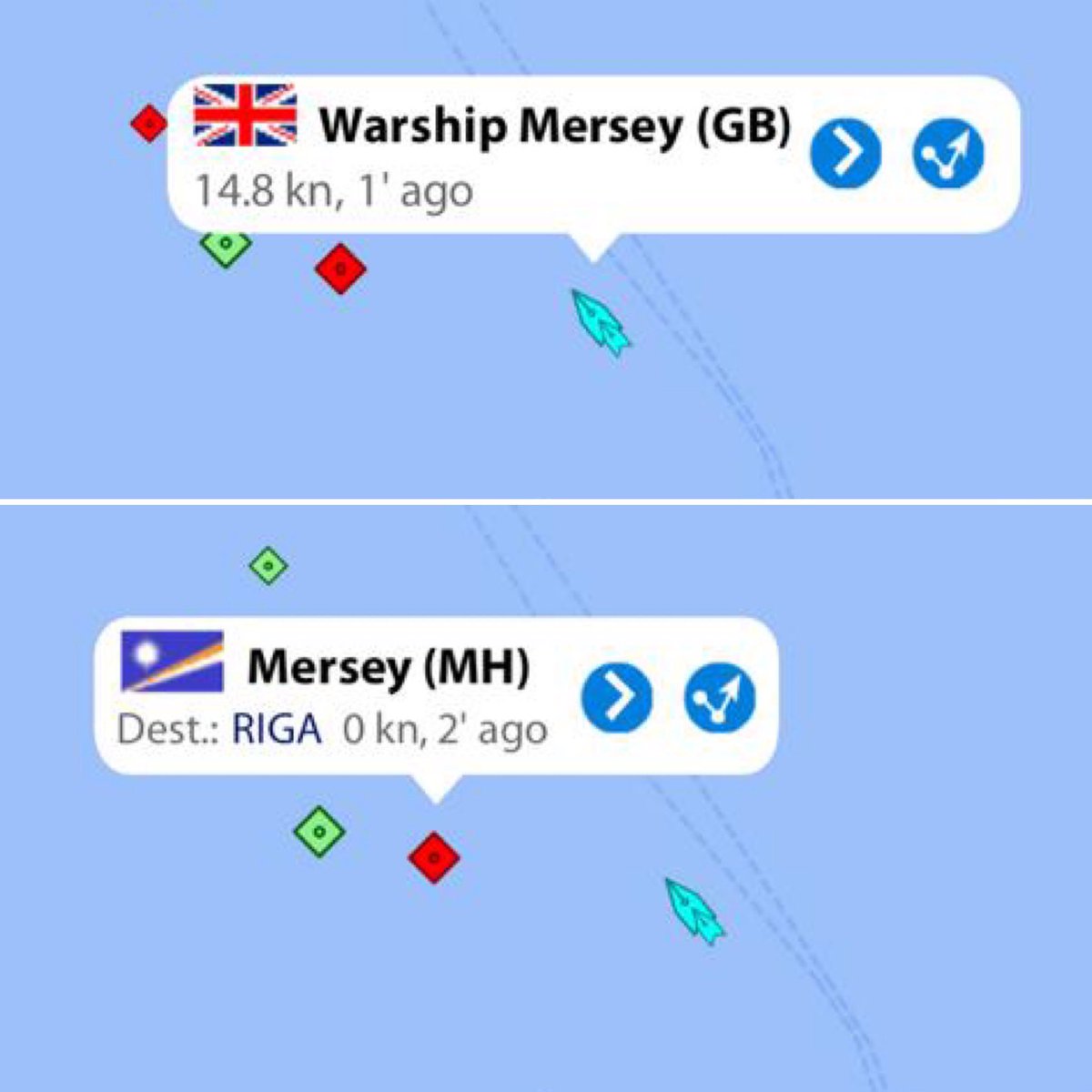After sailing from Latvia, HMS MERSEY conducted a PASSEX with the Latvian Navy Patrol Ship JELGAVA #JEF #StrongerTogether 

On the way out of Riga, we also sailed past the tanker MERSEY 😎👋 #greatname