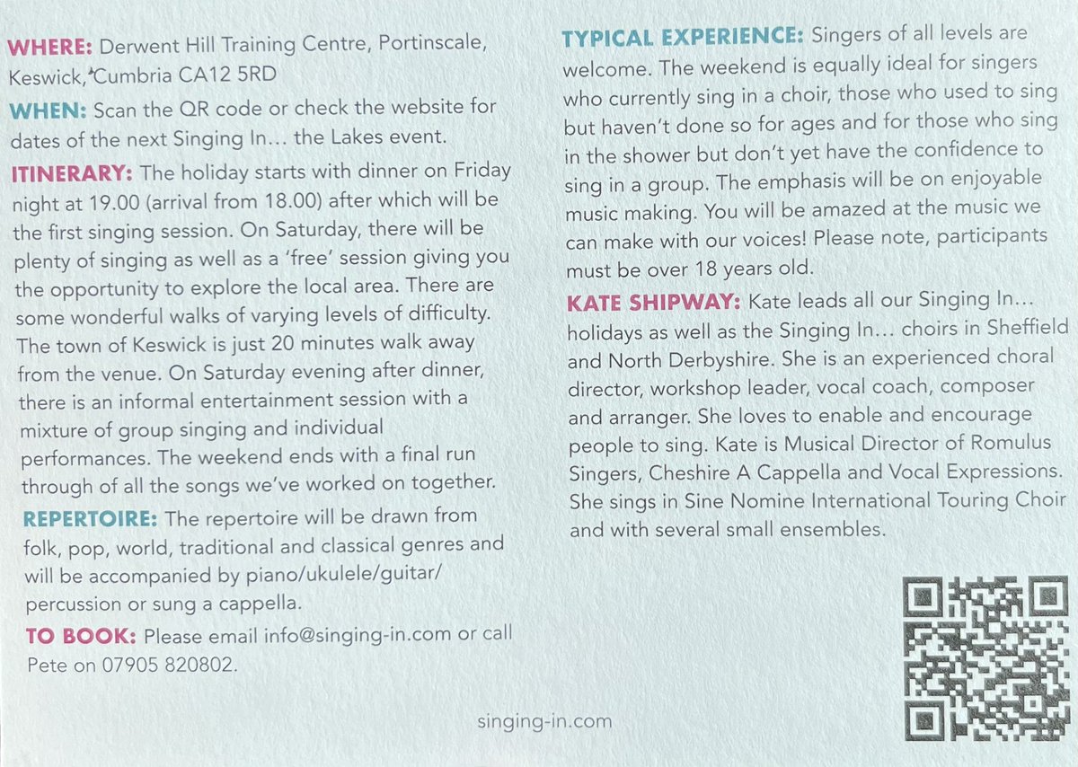 These are the views two minutes from the front and rear of Derwent Hill our venue for the Singing In… the Lakes singing weekends. Here’s looking forward to doing it all again in September. Why not join us? You will love it... Details on the attached postcard.