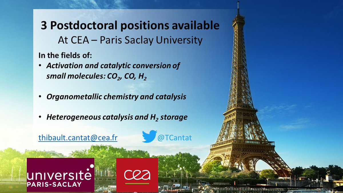 Please RT! We are Hiring! Our lab (@LCMCE_Lab) in Saclay, France, has 3 open positionspostdoc in the area of homogenous and heterogeneous catalysis, organometallic and organic chemistry on H2 storage and CO2/CO conversion. Come work with us on exciting projects! #chempostdoc