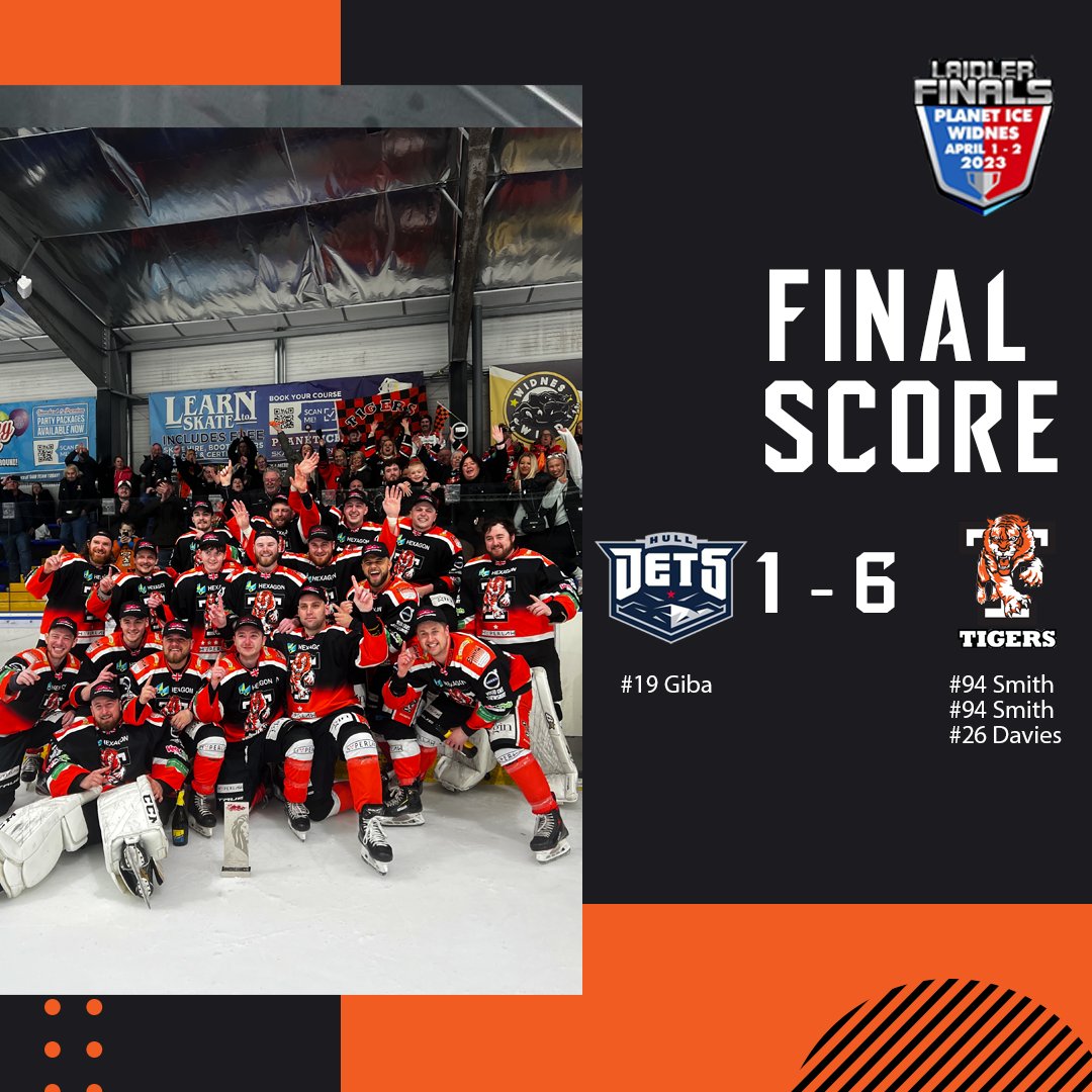 Telford_Tigers's tweet photo. 🏆 2023 LAIDLER PLAYOFF CHAMPIONS 🏆

Final score in Widnes for Laidler Playoff Final 🤩

 @HullJetsHockey ✈️ 1
 @Telford_Tigers 🐯 6

What a IMMENSE game of hockey! Thank you to our loud and proud fans this weekend. Your voices did not go unheard! 🐯🧡

#TelfordTigers https://t.co/7Dg7LQEDHH