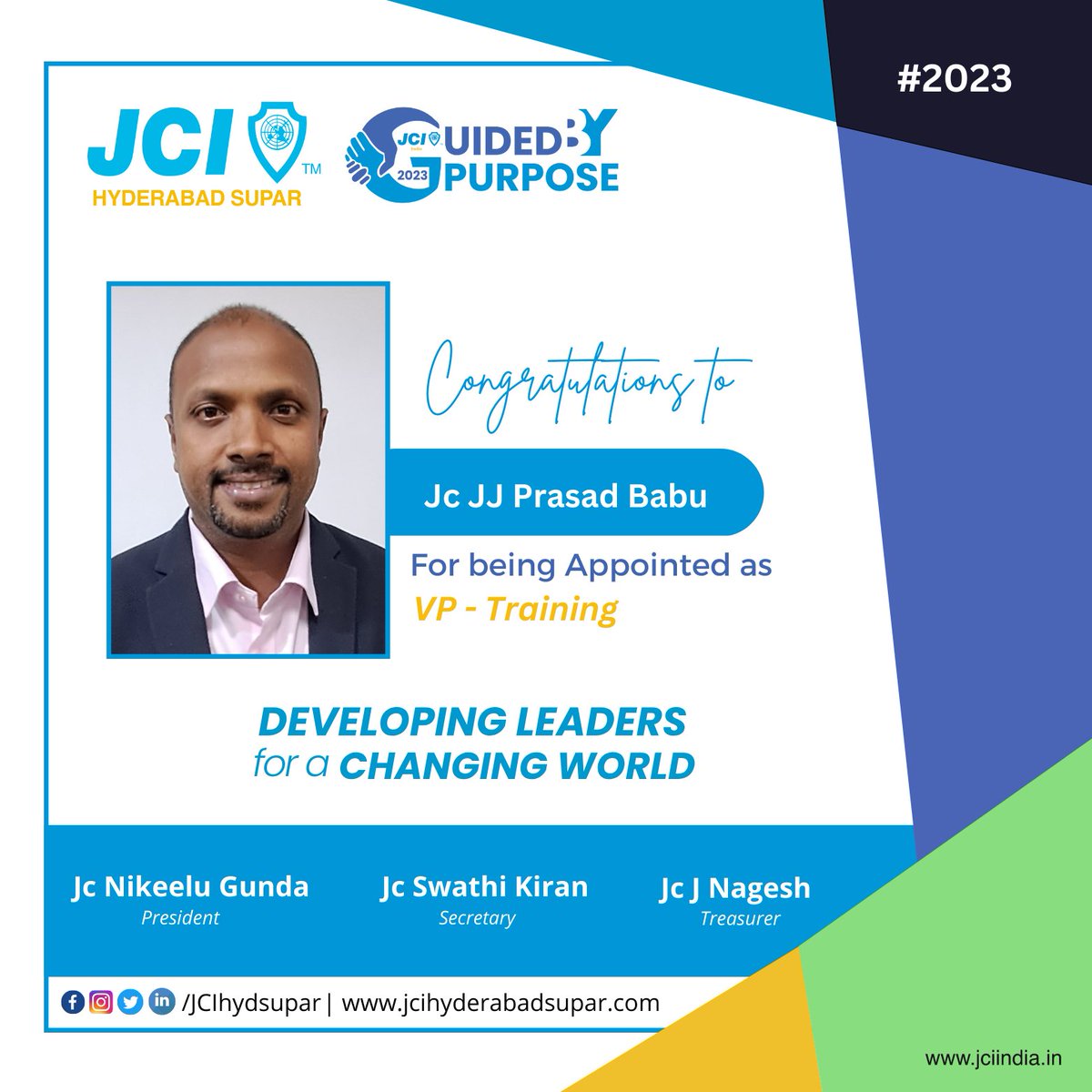 jcihydsupar's tweet photo. Congratulations to Jc JJ Prasad Babu  for being Appointed as VP - Training for the Year 2023. 🥳 🎉 🤩 😍⭐ 💫 ⚡ 

- Team JCI Hyderabad SUPAR

#JCIHyderabadSUPAR #JCIIndia #GuidedbyPurpose https://t.co/QscNCd3CmT