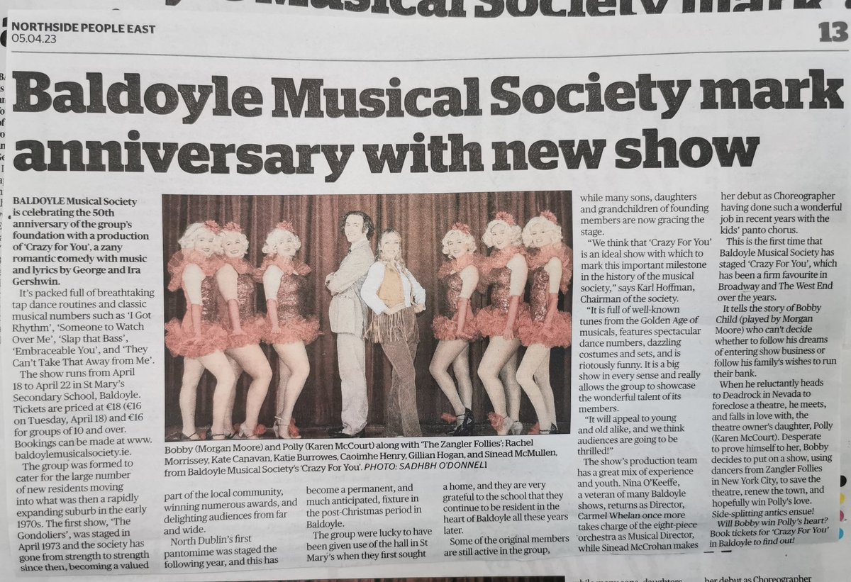 Best of luck to <a href="/BaldoyleMS/">Baldoyle Musical Soc</a> with their next production - Crazy for you - on 18-22 April in the Sports Hall

Special best wishes to all our former students involved - Rachel, Katie, Karen, Gillian, Sinéad and others involved

Tickets on sale on their website

Report <a href="/dublinpeople/">Dublin People</a>