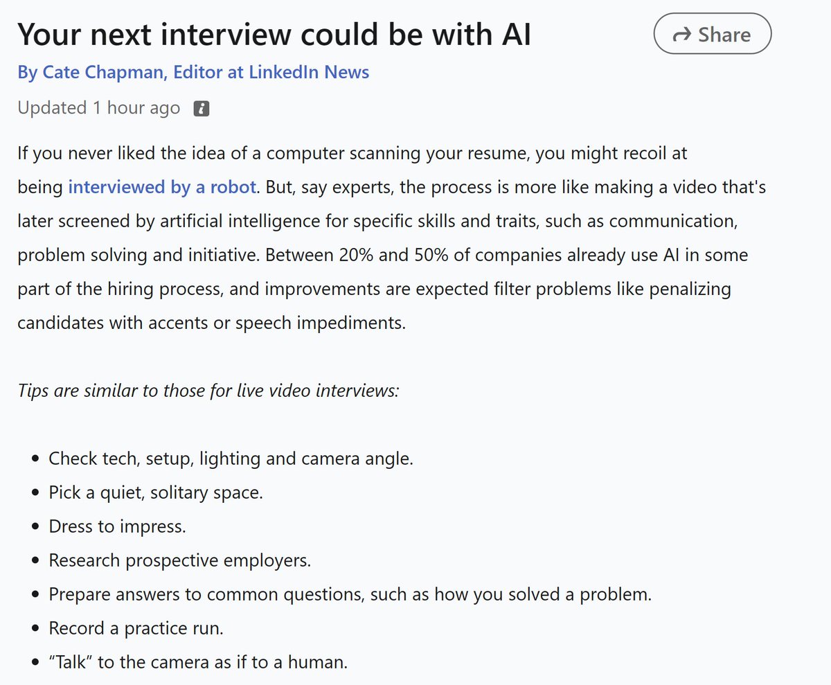 OneBaggTalk's tweet photo. Been preaching it for 6 years, and the future is NOW.
"20% to 50% of companies are already using AI in some part of the hiring process."
Let's get them ready.
#SoftSkills
#Hiring
#ExecImage https://t.co/vIHFSAkWl0