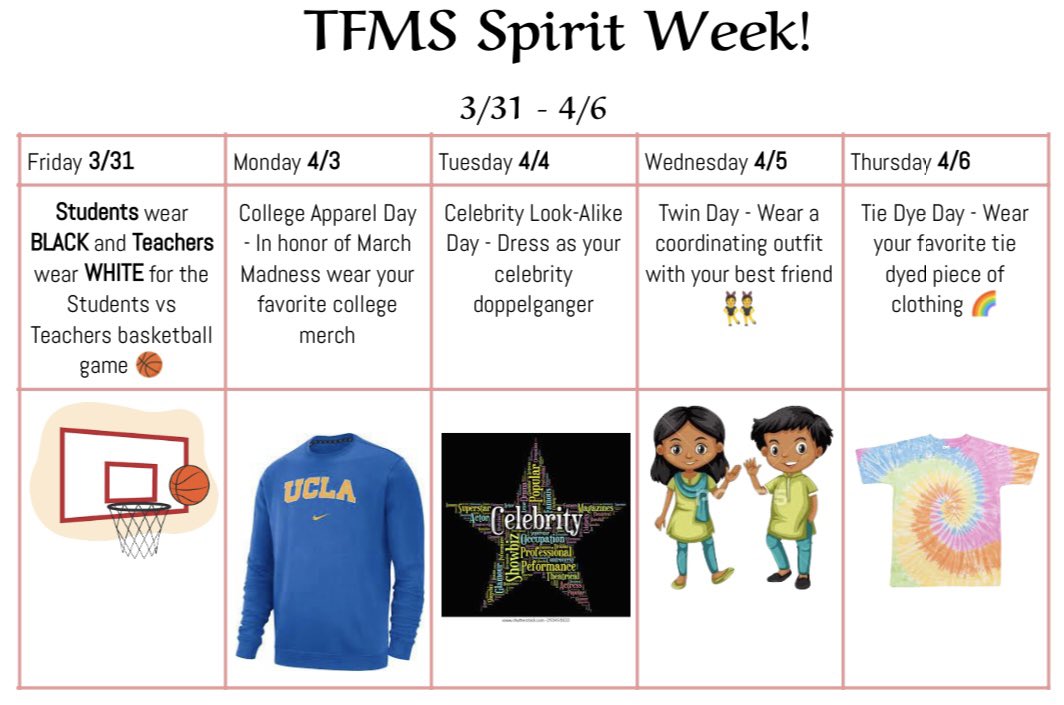 TFMS Spirit Week continues tomorrow with College Apparel Day #TFSPantherPride