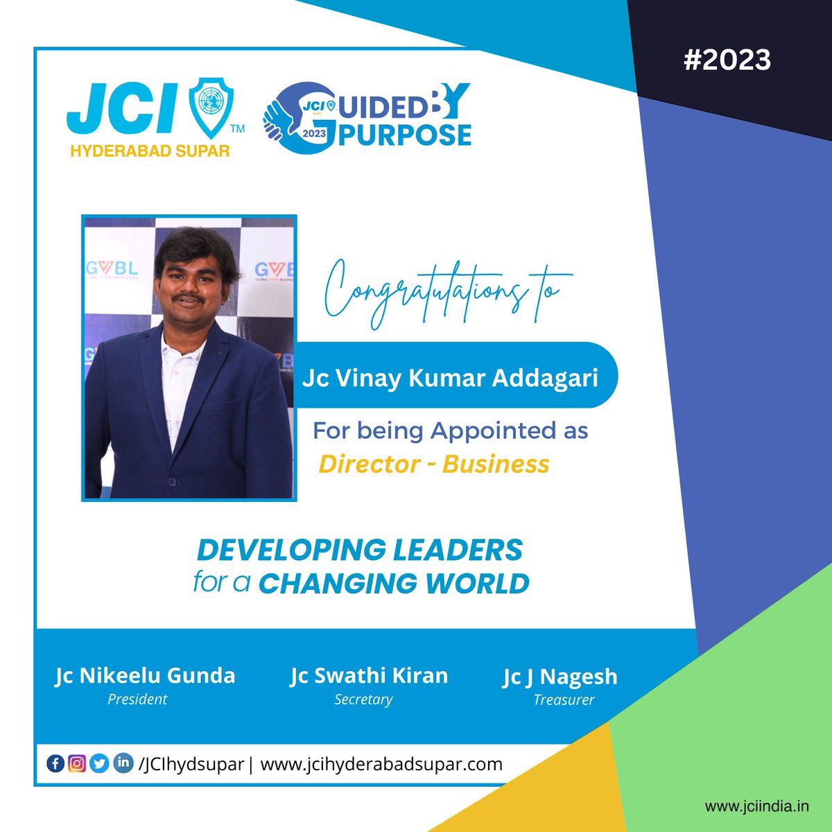jcihydsupar's tweet photo. Congratulations to Jc Vinay Kumar Addagari  for being Appointed as Director - Business for the Year 2023. 🥳 🎉 🤩 😍⭐ 💫 ⚡ 

- Team JCI Hyderabad SUPAR

#JCIHyderabadSUPAR #JCIIndia #GuidedbyPurpose https://t.co/IZJxBfHXGW