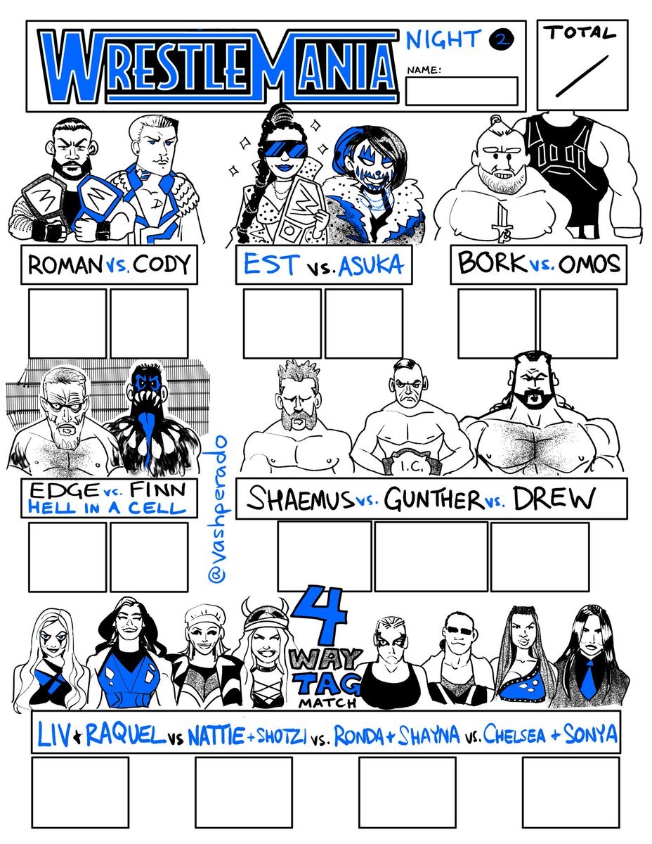 Happy Wrestlemania night 2! match card to fill in your predictions! feel free to print for your watch party 