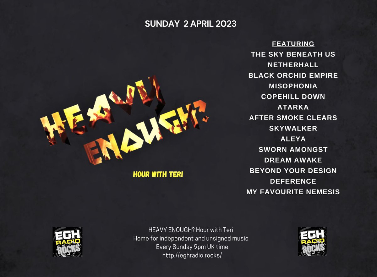 HeavyEnough Hour with Teri (@musicmatterstee) on Twitter photo Today 9pmBST <a href="/EGHRocks/">EGH Radio Rocks</a> #HeavyEnough
#ListenHere eghradio.rocks/player_stream/
Listen to the new bangers from the brilliant bands
<a href="/skywalkerband/">𝐒𝐊𝐘𝐖𝐀𝐋𝐊𝐄𝐑</a> <a href="/aleyauk/">🟣 Aleya 🟣</a> <a href="/Sworn_Amongst/">Sworn Amongst</a> <a href="/dreamawakeband/">Dream Awake</a> <a href="/bydbanduk/">Beyond Your Design</a> & <a href="/RTRemains/">Recall The Remains</a> <a href="/DeferenceMusic/">D E F E R E N C E</a> <a href="/MFN_band/">My Favourite Nemesis</a> +more Info:facebook.com/HeavyEnoughHou…
#NewMusicAlert Today 9pmBST <a href="/EGHRocks/">EGH Radio Rocks</a> #HeavyEnough
#ListenHere eghradio.rocks/player_stream/
Listen to the new bangers from the brilliant bands
<a href="/skywalkerband/">𝐒𝐊𝐘𝐖𝐀𝐋𝐊𝐄𝐑</a> <a href="/aleyauk/">🟣 Aleya 🟣</a> <a href="/Sworn_Amongst/">Sworn Amongst</a> <a href="/dreamawakeband/">Dream Awake</a> <a href="/bydbanduk/">Beyond Your Design</a> & <a href="/RTRemains/">Recall The Remains</a> <a href="/DeferenceMusic/">D E F E R E N C E</a> <a href="/MFN_band/">My Favourite Nemesis</a> +more Info:facebook.com/HeavyEnoughHou…
#NewMusicAlert