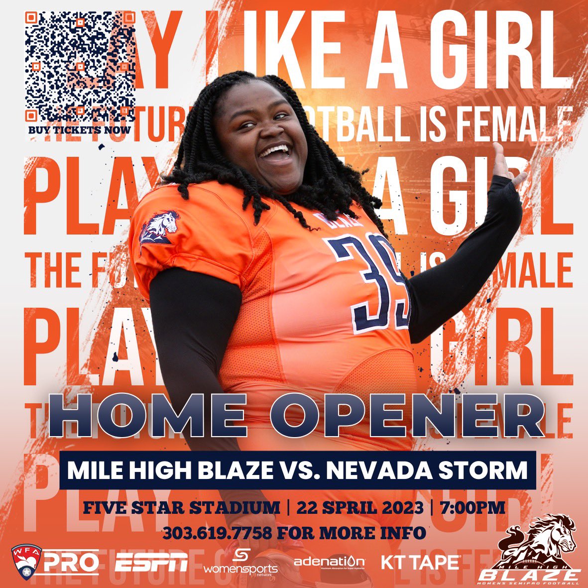 2023 MILE HIGH BLAZE SEASON OPENER

April 22, 2023 7:00 PM
Five Star Stadium

Get your tickets today.
mile-high-blaze.ticketleap.com/2023-home-open…

Looking forward to seeing you for the 2023 Season.  Food Trucks, halftime entertainment and football.

#WFAPro #WFA #WFAstrong #Milehighblaze