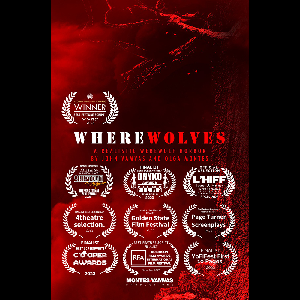 MontesVamvas's tweet image. Our WHEREWOLVES screenplay earned us Finalists in the Best Screenwriters for a Feature Film at @OnykoFilms Thank you esteemed judges and jury!!!
#screenplay #featurescript #horror #werewolf #werewolves #screenwriting #script #film
#scriptwriting #SupportIndieFilm #horror