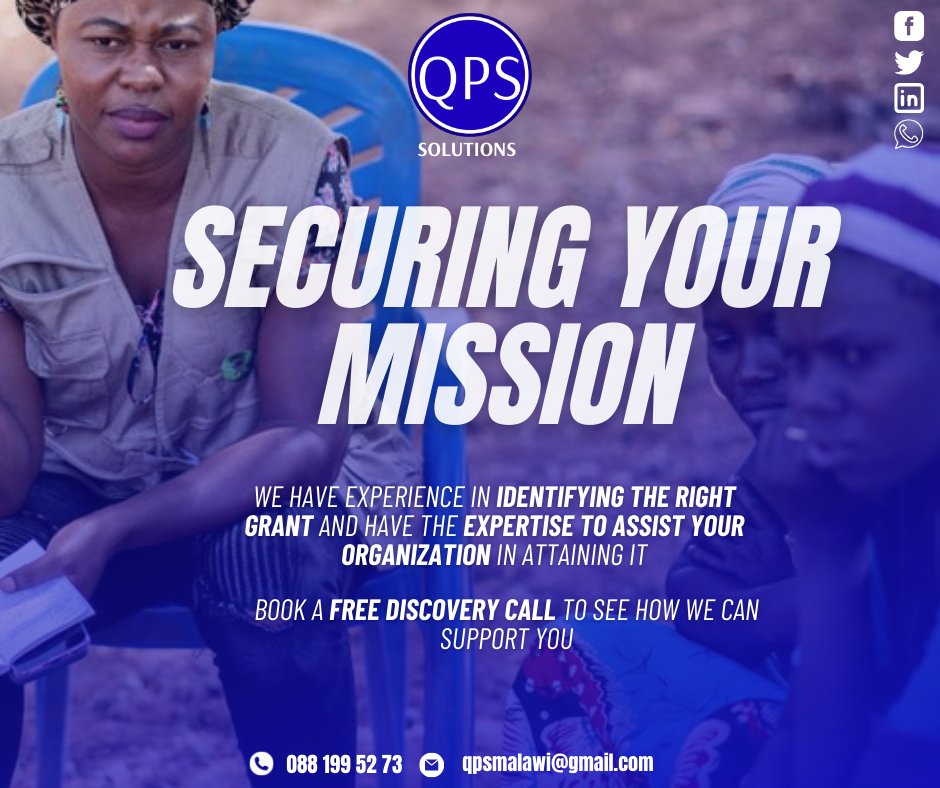 Secure your non-profit's mission with our expert grant writing and consulting services. We help you identify and apply for grants aligned with your goals. Contact us at 0881995273 or qpsmalawi@gmail.com to learn more. #grantservices #nonprofitfunding #securingyourmission