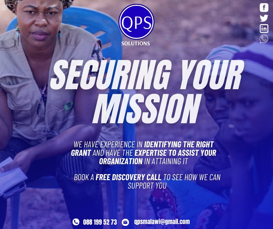 qps_solutions's tweet photo. Secure your non-profit's mission with our expert grant writing and consulting services. We help you identify and apply for grants aligned with your goals. Contact us at 0881995273 or qpsmalawi@gmail.com to learn more. #grantservices #nonprofitfunding #securingyourmission https://t.co/Ql3dbaBucG