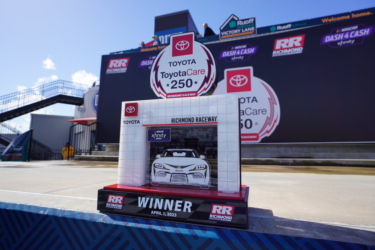 RaceTrophyGuy's tweet photo. I had the privilege to work with @ToyotaRacing to redesign the @ToyotaCare 250 @NASCAR_Xfinity trophy for @RichmondRaceway.  The trophy features a replica @Toyota dealership and was won by @CSmithDrive for @KauligRacing in his @QTP_Inc @TeamChevy #RaceTrophy https://t.co/qw4QlUe73i
