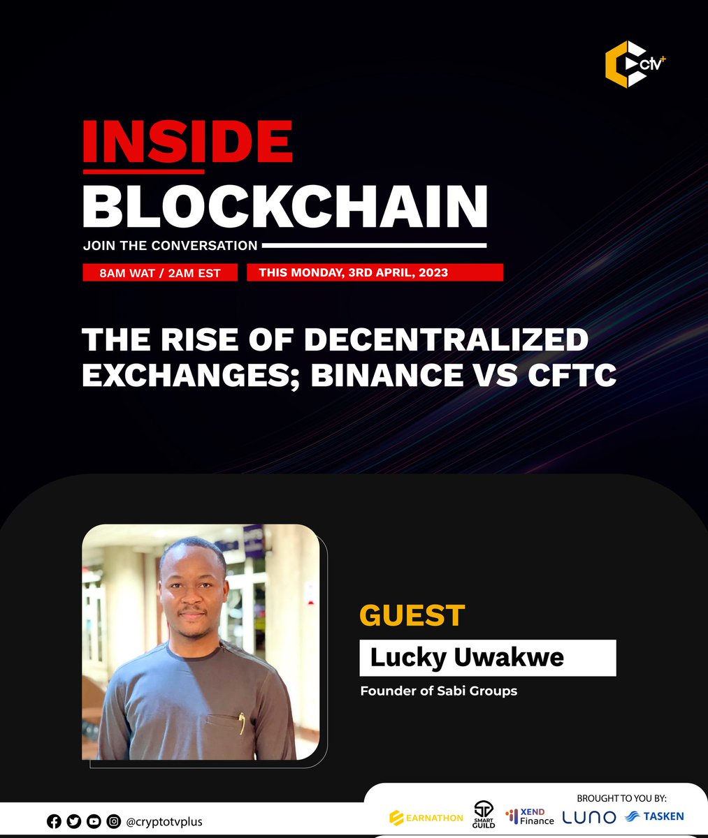 Cryptotvplus's tweet photo. Following the $1.6B+ withdrawal & lawsuit against @binance by the @CFTC, we're left wondering: Will this trigger more actions on #CEXs or drive the adoption of #DEXs?
Join us tomorrow @ 8AM WAT w/ @lou2027 on #InsideBlockchain for a riveting discussion on the future of exchanges https://t.co/bOeexmJGzq