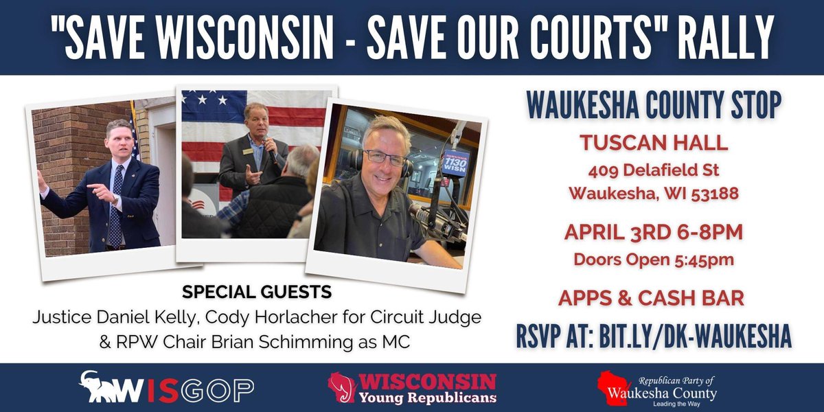 🚨 Join us tomorrow Monday 6-8pm for the final stop of the #SaveTheCourtTour taking place in Waukesha Co! 

We are proud to co-sponsor this #GOTV rally. We must elect @JusticeDanKelly on Tuesday to #SaveOurCourts 🇺🇸

RSVP at: bit.ly/dk-waukesha

#VoteTuesday #VoteDanKelly