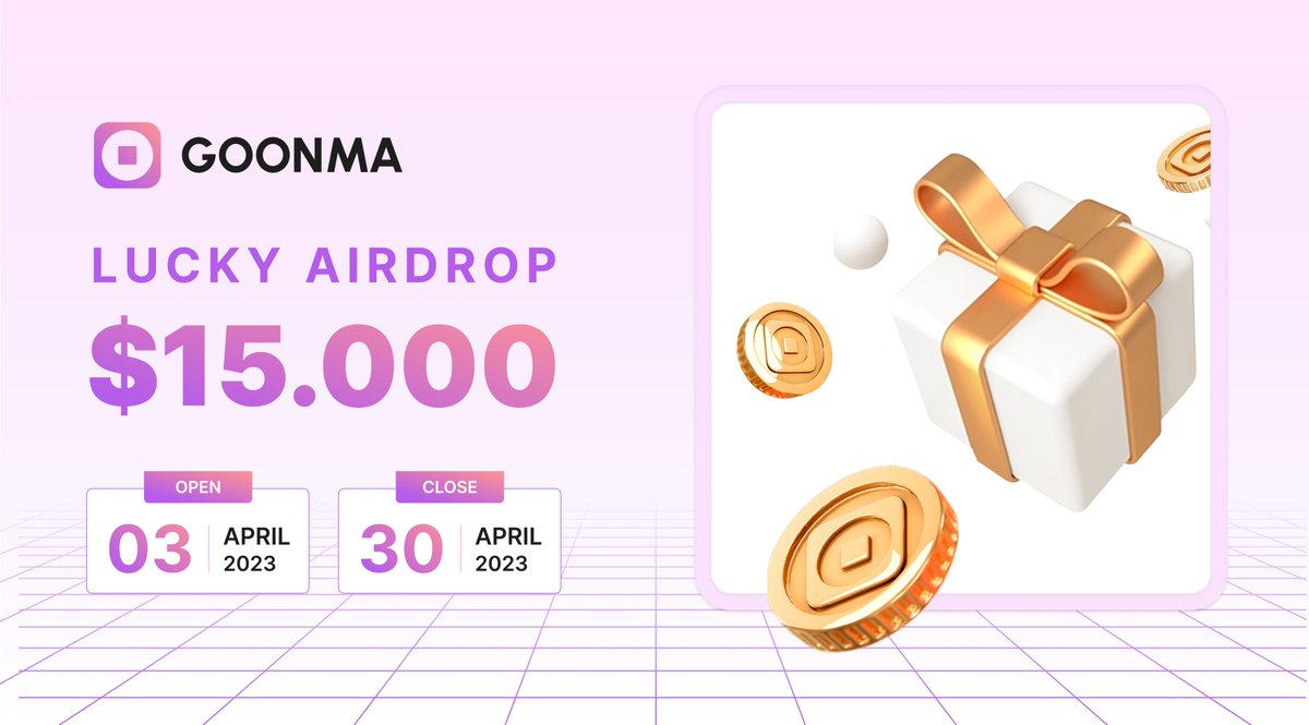 #GOONMA AIRDROP: TOTAL AWARDS OF $15,000 USDT 🎁

⏰ April 3 - April 30, 2023 (GMT+7)

🎁 PRIZES:
1,000 #Airdrop prizes will be given to 1,000 luckiest players.

👉 JOIN NOW: gleam.io/urQMy/goonma-s…

#SocialTrading #AutomatedTrading #TradingBotPlatform