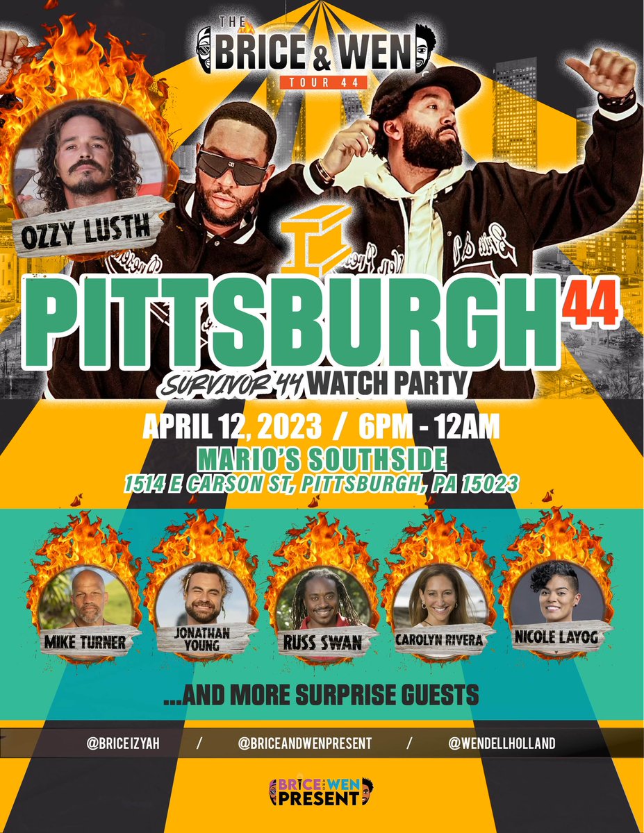 And after Atlanta, @BriceAndWen are headed to #PITTSBURGH with @OzzyLusth and friends on 4/12!! If you’re in the Pittsburgh area, and want to watch some Survivor, pull up!!

Tix 👇🏿👇🏿👇🏿

eventbrite.com/e/527470798357