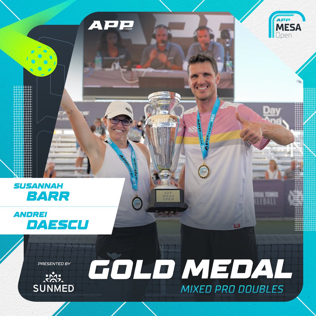 OfficialAPPTour's tweet photo. Congratulations to Susannah Barr and Andrei Daescu! ❤️ Like to wish them congrats!

#APPFamily #Pickleball #APPTour #MesaOpen https://t.co/2C5pGQOBxi