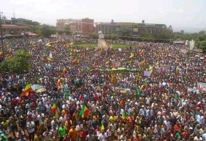Peaceful rallies are underway in Amhara Region of Ethiopia where a sea of people are speaking out with a single voice against #AmharaGenocide in Oromia Region, restriction of passage into Addis Ababa &amp; ongoing mass crackdown against Amhara dissidents. 
#በቃን 
#AmharaProtests
