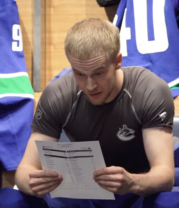 Pettersson reading the starters. His eyebrows are raised in panic as he's looking at the next name he has to read.