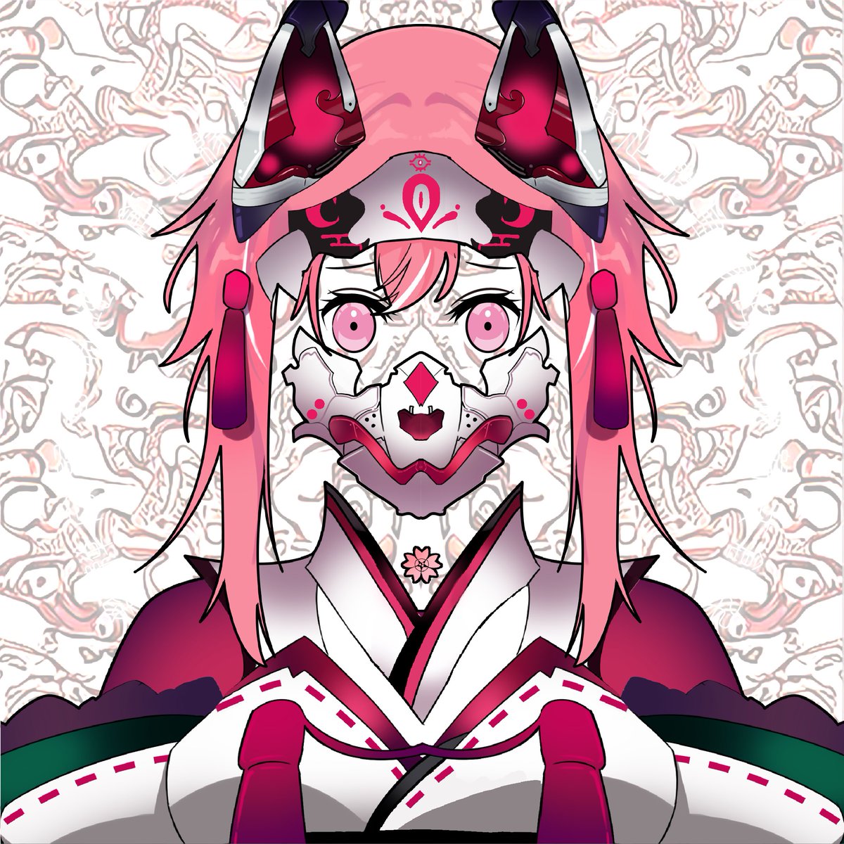 1girl pink hair pink eyes solo japanese clothes looking at viewer mask  illustration images