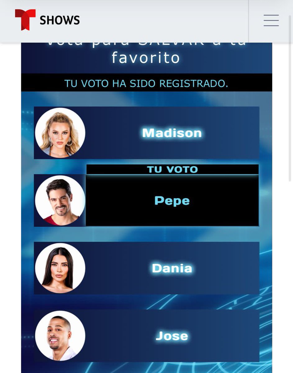naimiroo's tweet photo. Votos masivos para Pepe
PEPE SE QUEDA #LCDLF3
#ppgamezalafinal #ppgamezsequeda @LaJefaTLMD @Telemundo https://t.co/kug1e4UL3O