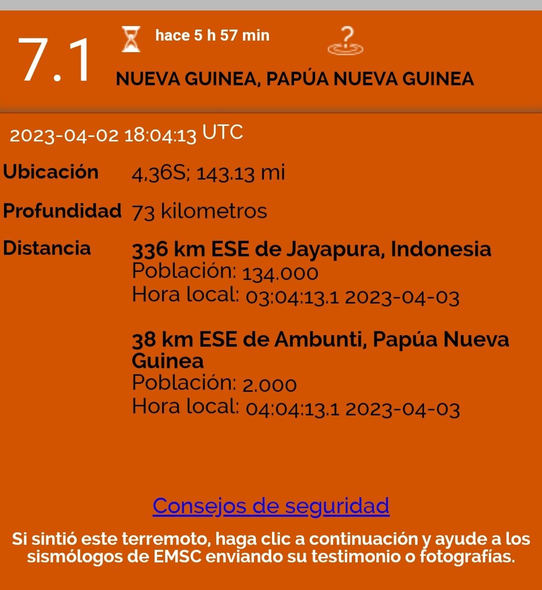 #Terremoto d magnitud 7,3 cerca d #Wewak, provincia d #EastSepik, #PapuaNewGuinea #PapuaNuevaGuinea,fue informado por el Servicio Geológico d EEUU.
Ocurrió a una profundidad intermedia de 74 km debajo del epicentro la madrugada del lunes 3 de abril d 2023 a las 4:04 am hora local