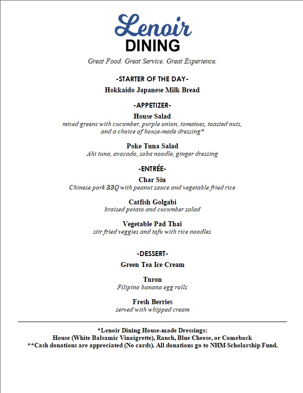 Join us this week for Asian inspired menu from around the Pacific Rim! Go to our website and make a reservation for 11:30 or 12:30 Tuesday, Wednesday, or Thursday