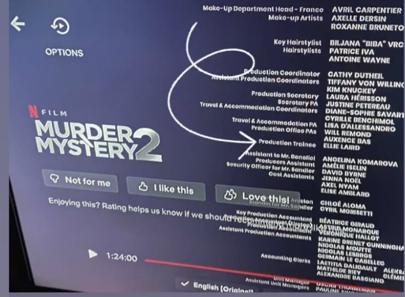 3lli3_laird's tweet photo. When I was little I would go to the cinema all the time with my parents. I promised myself that my name would be up there one day. Never in a million years did I think my first credit for production would be on an Adam Sandler/ Jennifer Aniston movie. https://t.co/dK5hcYx33t