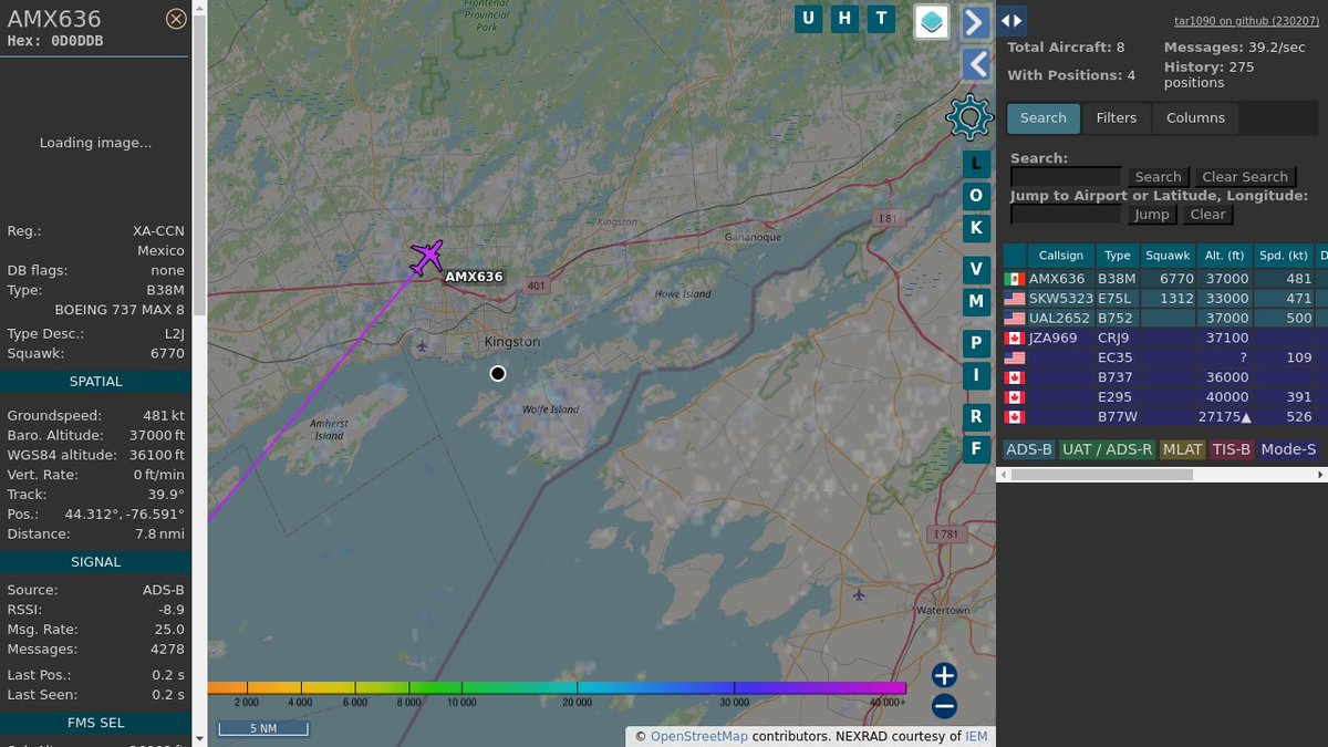 #AMX636 XA-CCN 737MAX 8 AeroMexico @ 37000 ft and 45.3° frm hrzn, heading NE @ 888.8km/h 20:21:39 globe.adsbexchange.com/?icao=0D0DDB #WayTheHeckUpThere #FlyingFast #OverKingston #dump1090 #ADSB